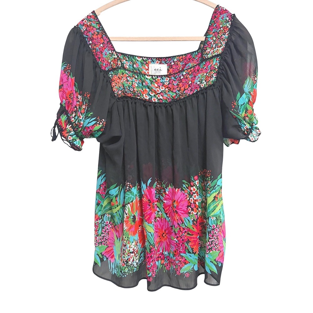 Floral Boho‎ Square Neck Puff Sleeve ECI New York Blouse Black 6